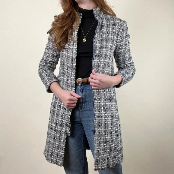 Vintage Silk Tweed Long Trench Jacket Peacoat Light Woven Preppy Light Academia - Picture 6 of 6